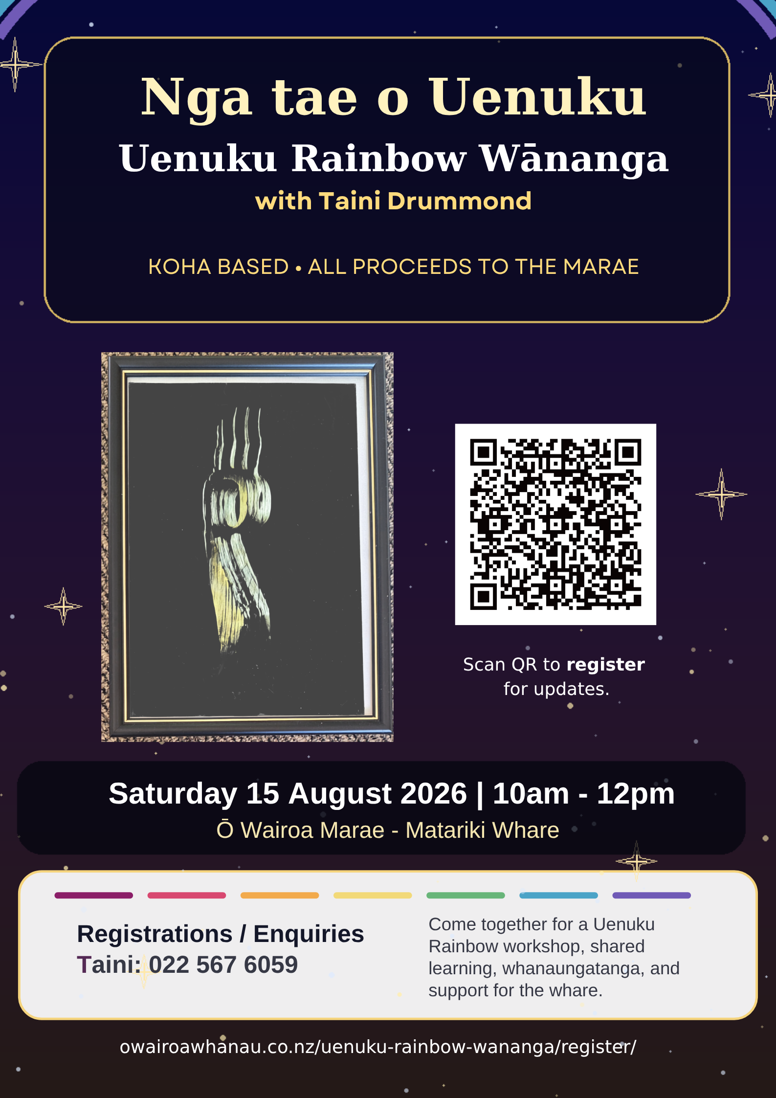 Poster for Nga tae o Uenuku Rainbow Wānanga with Taini Drummond